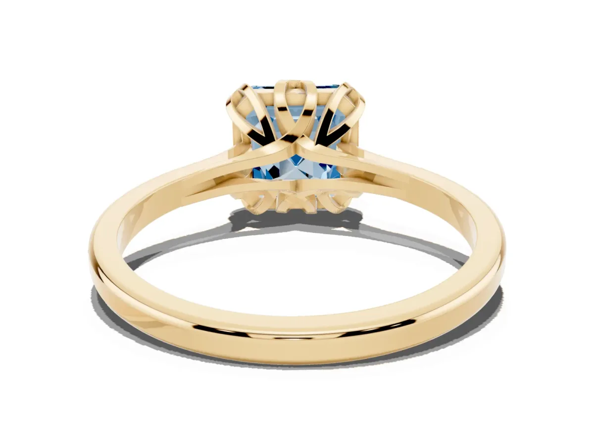Fancy Blue Asscher Cut Diamond Solitaire Ring with Flower Prong Setting and Classic Band Yellow gold