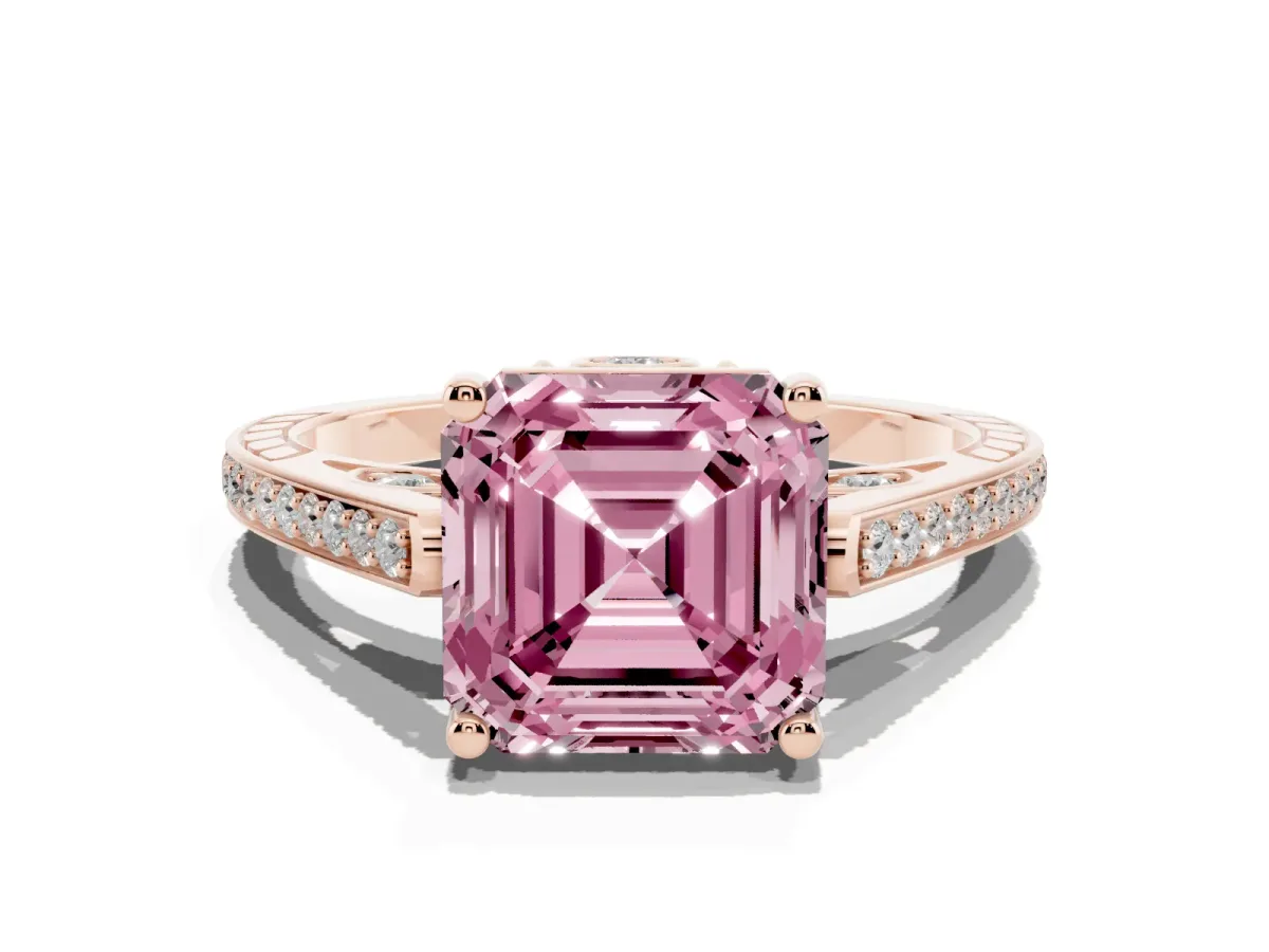 Fancy Pink Asscher Cut Cut Cathedral Pave Diamond Engagement Ring with Six-Prong Setting Rose gold
