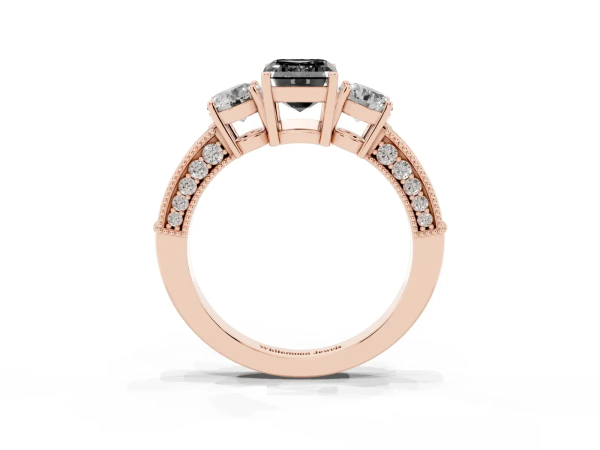 Fancy Black Emerald Cut Three-Stone Diamond Ring with Pavé Band and Four-Prong Setting Rose gold