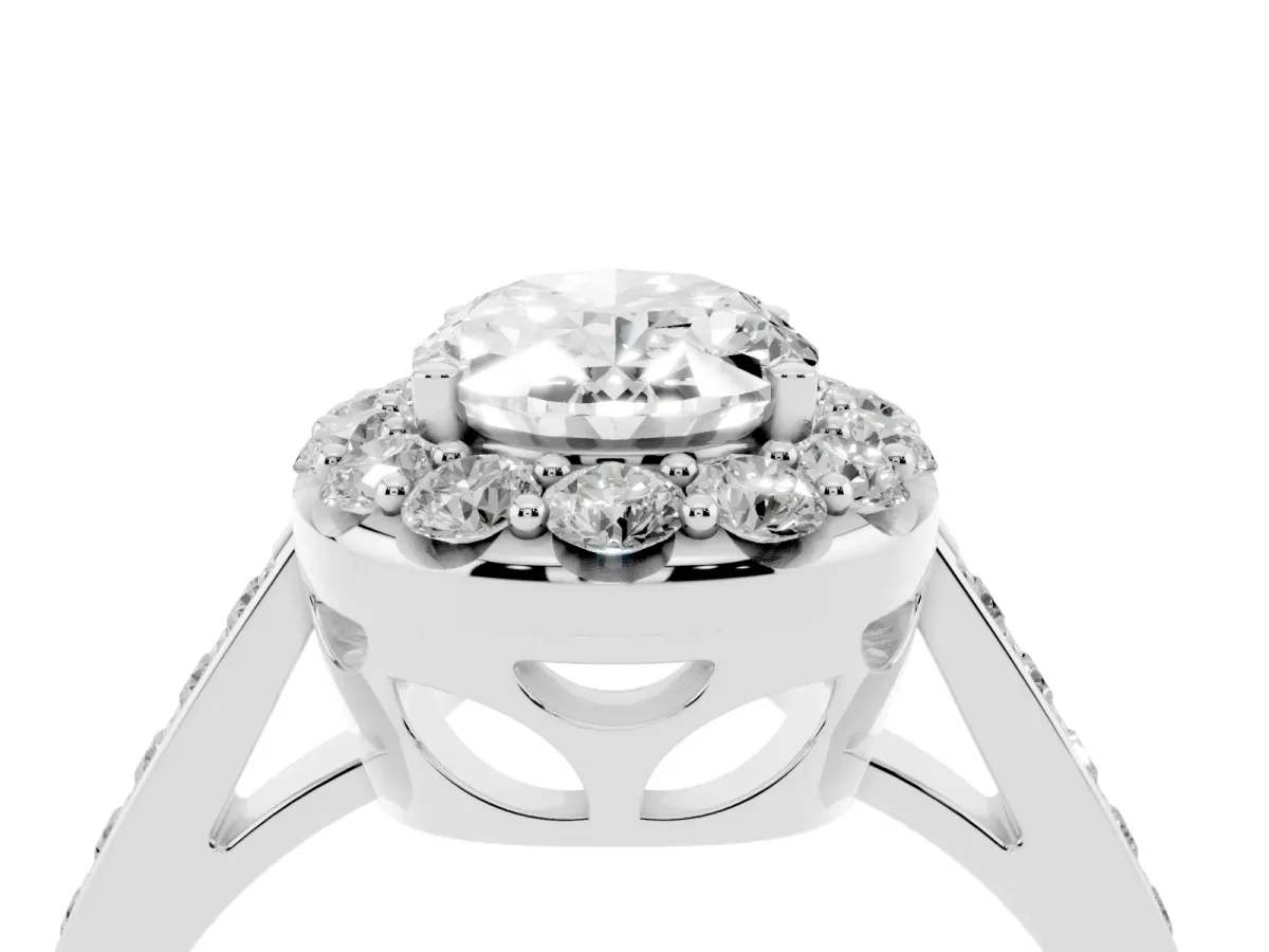 Oval Cut Diamond Floral Halo Ring with Pavé Band and Prong Setting Platinum