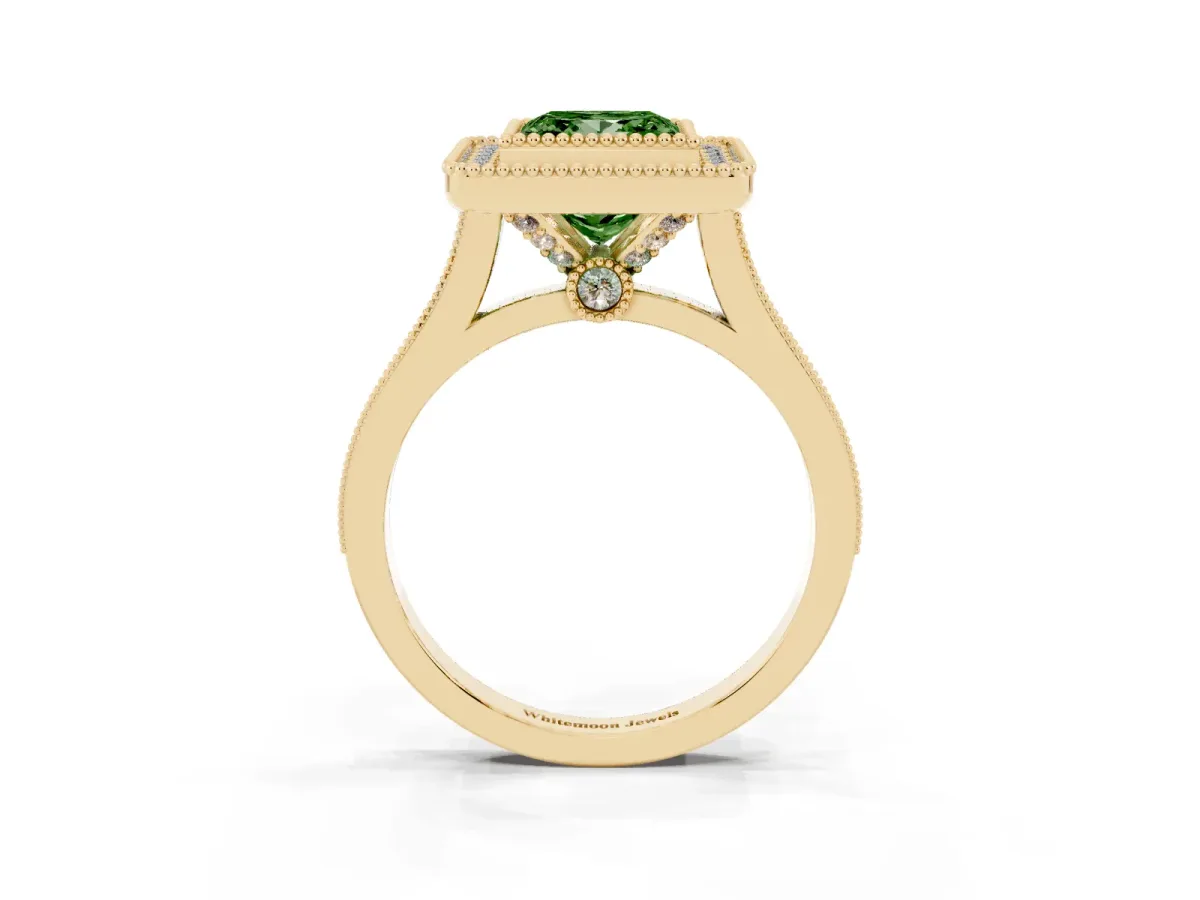 Fancy Green Princess Cut Diamond Halo Ring with Milgrain Frame and Pavé Band Yellow gold