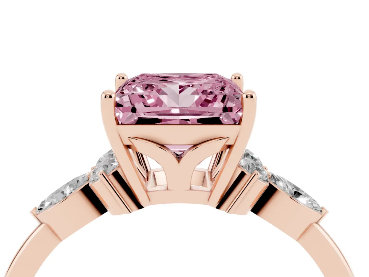 Fancy Pink Princess Cut Brilliant Diamond Solitaire Ring with Pear Side Stones and Four-Prong Setting Rose gold