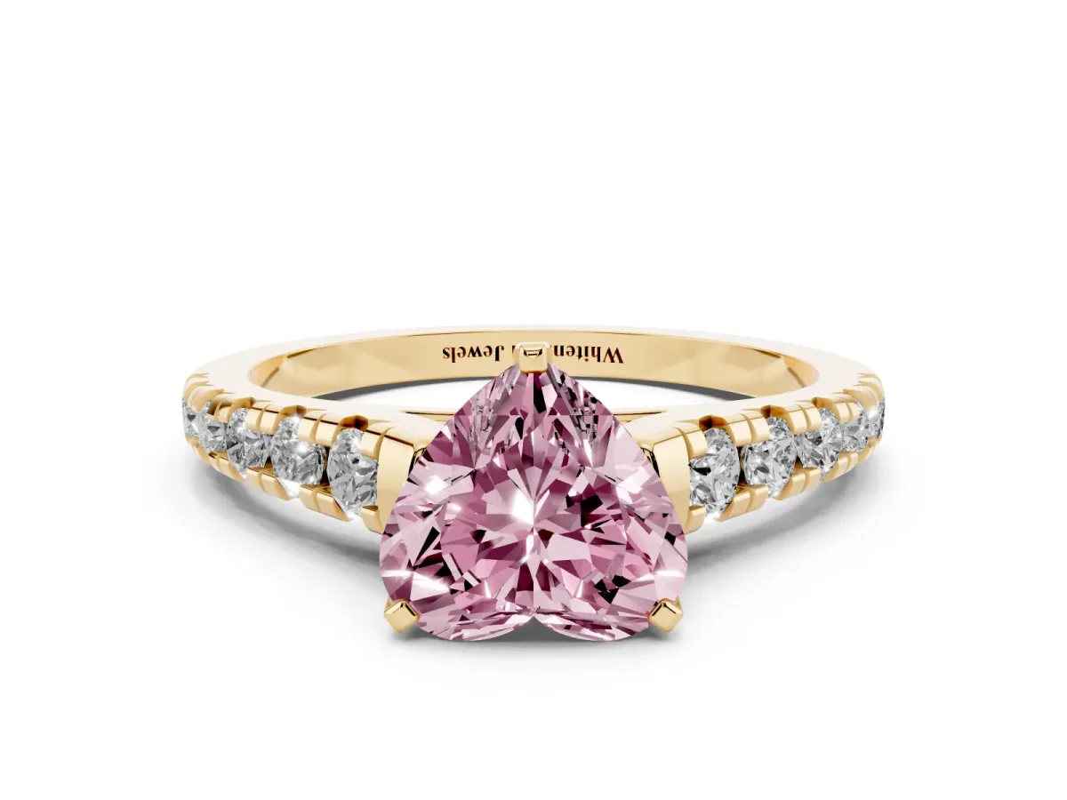 Fancy Pink Heart Cut Diamond Cathedral Solitaire Ring with Round Pavé Band Yellow gold