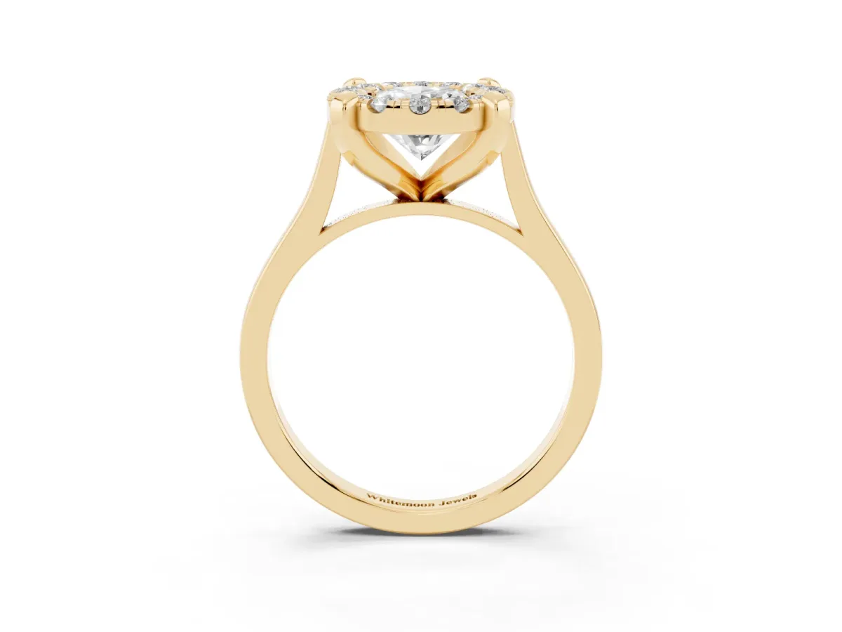 Oval Cut Diamond Cluster Halo Solitaire with Four-Prong Setting Yellow gold