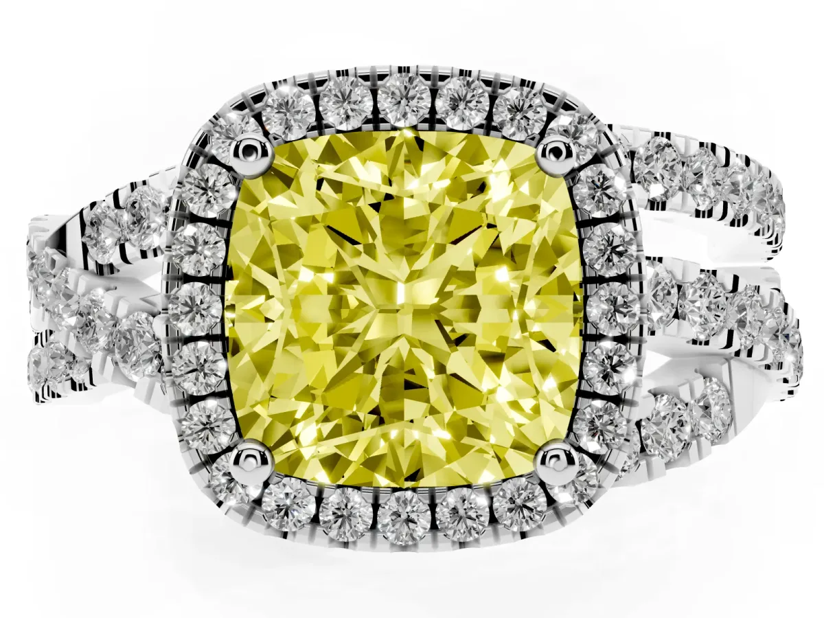 Fancy Yellow Cushion Cut Diamond Halo Ring with Round Split Shank and Prong Setting Silver
