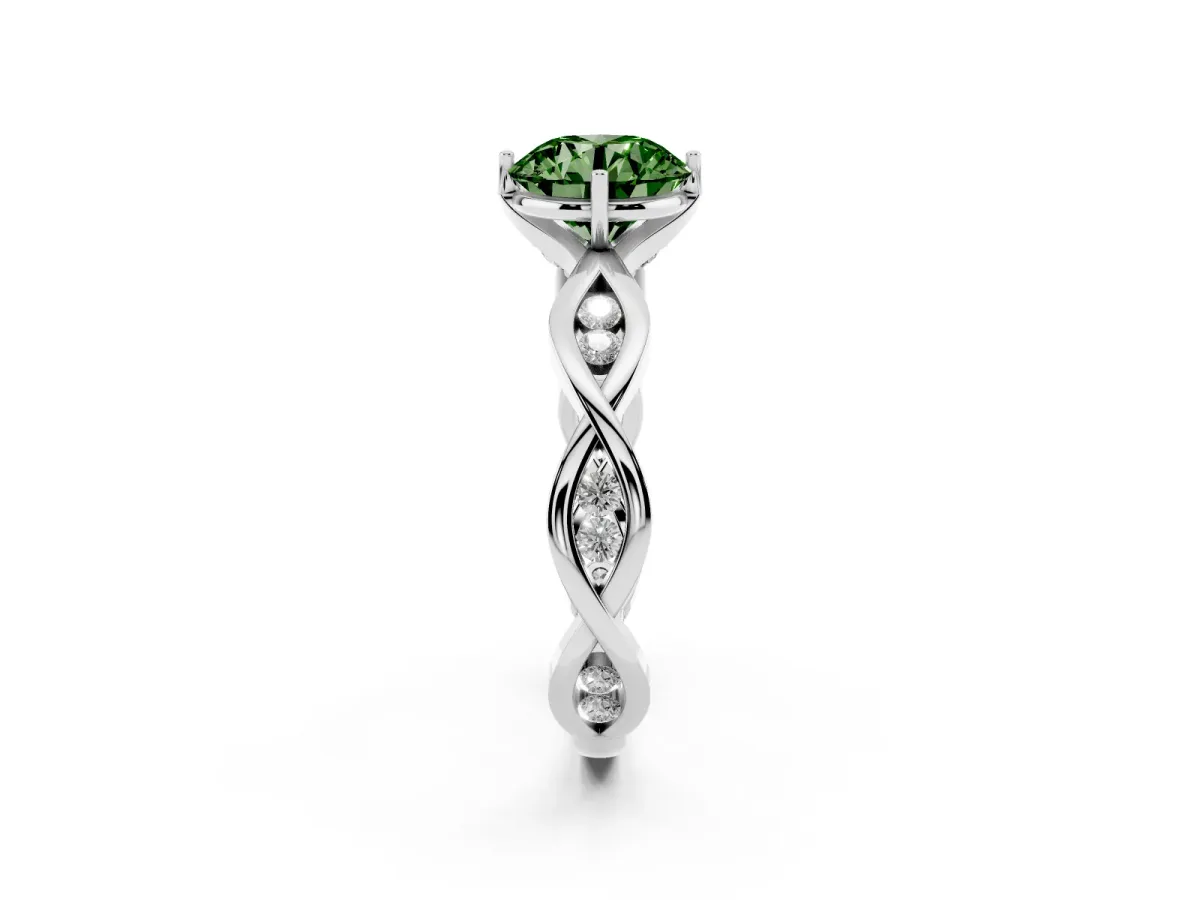 Fancy Green Round Cut Solitaire Twist Band with Leaf Prong Setting Platinum