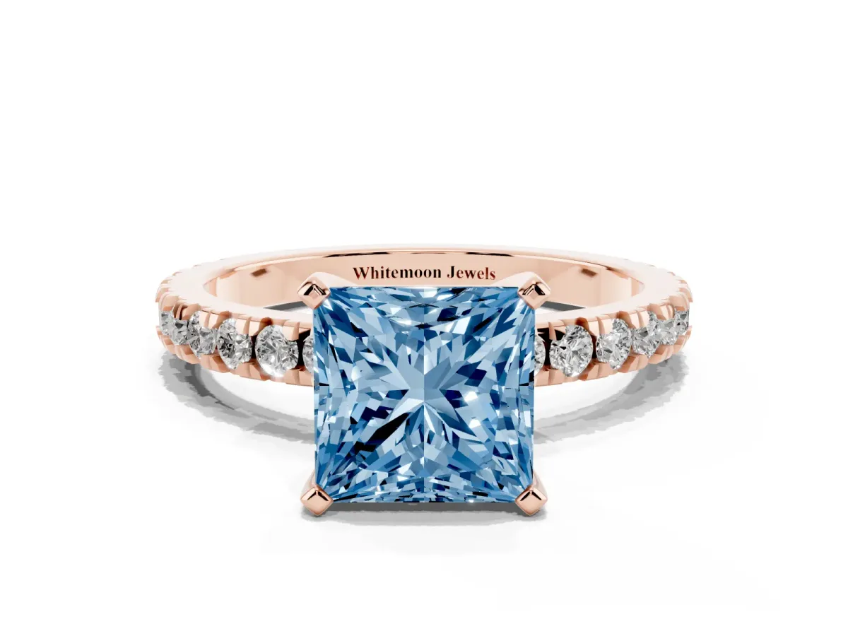 Fancy Blue Princess Cut Diamond Pavé Band Solitaire with Four-Prong Setting Rose gold