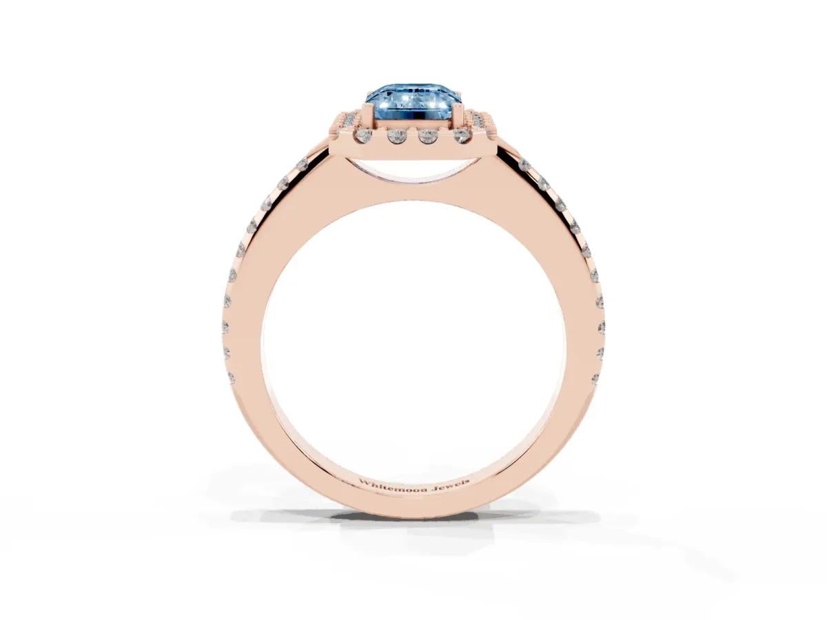 Fancy Blue Emerald Cut Diamond Pavé Halo Ring with Four-Prong Setting Rose gold