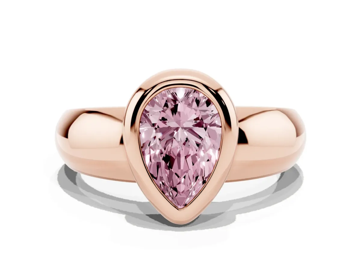Fancy Pink Bezel Set Pear Cut Solitaire Ring with Wide Band Rose gold
