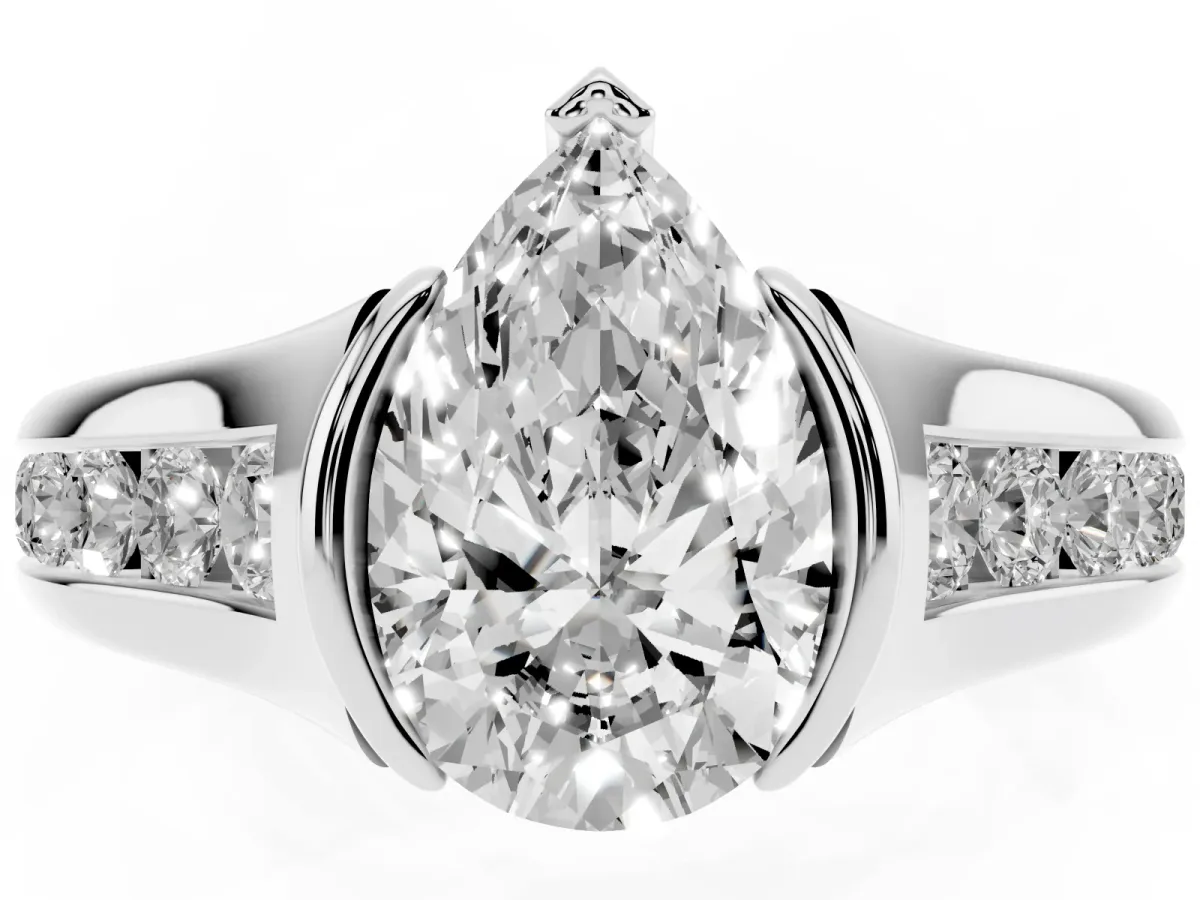 Pear Cut Solitaire Bezel-Set Diamond Ring with Channel-Set Band Silver