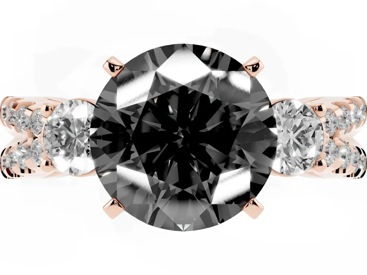 Fancy Black Round Cut Diamond Three-Stone Ring with Pavé Split Shank and Four-Prong Setting Rose gold