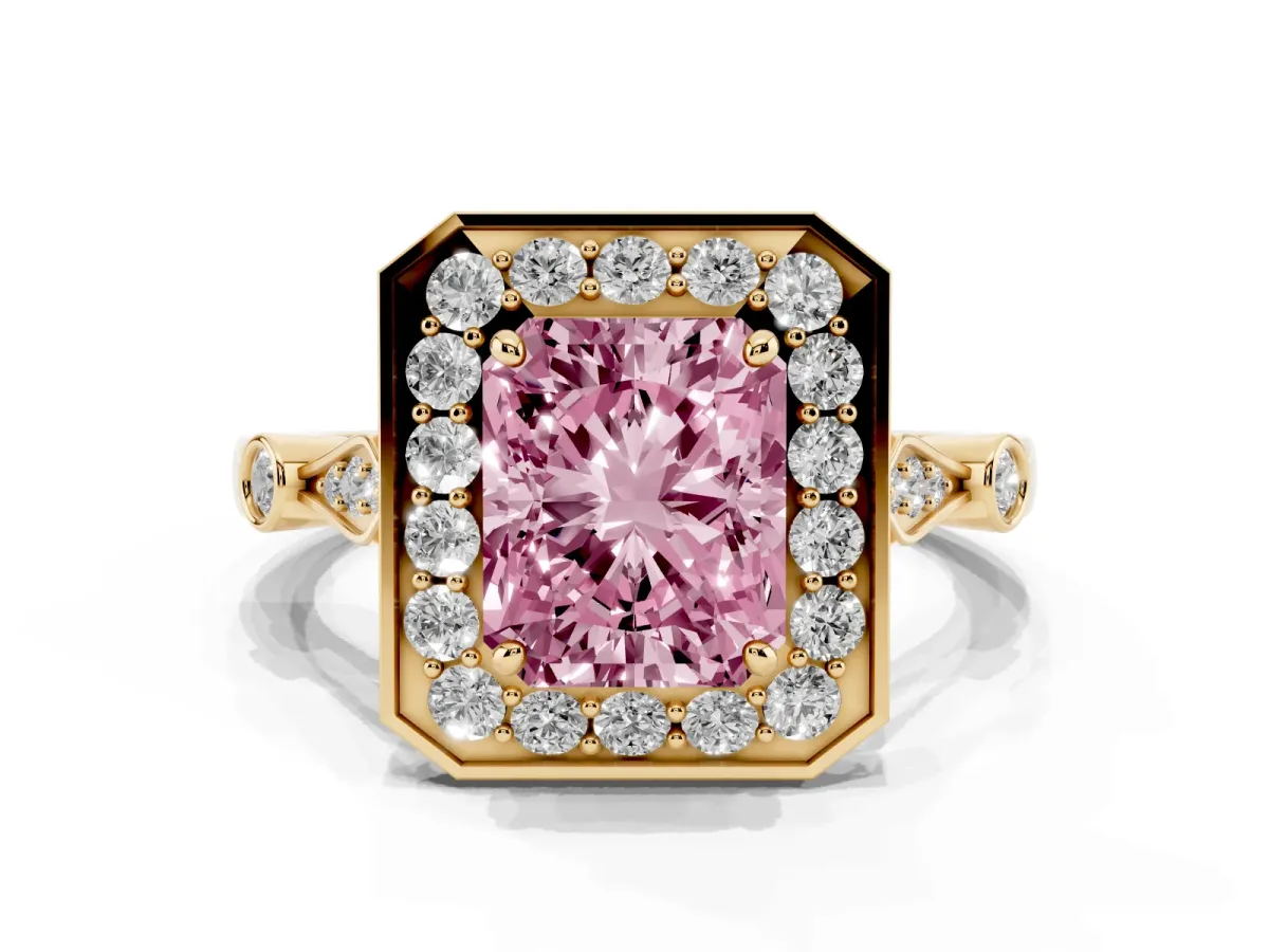 Fancy Pink Radiant Cut Halo Diamond Engagement Ring with Twisted Band and Four-Prong Setting Yellow gold