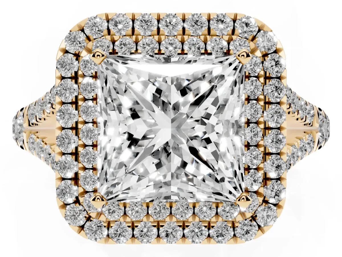 Princess Cut Cut Double Halo Split Shank Diamond Ring with Prong Setting Yellow gold