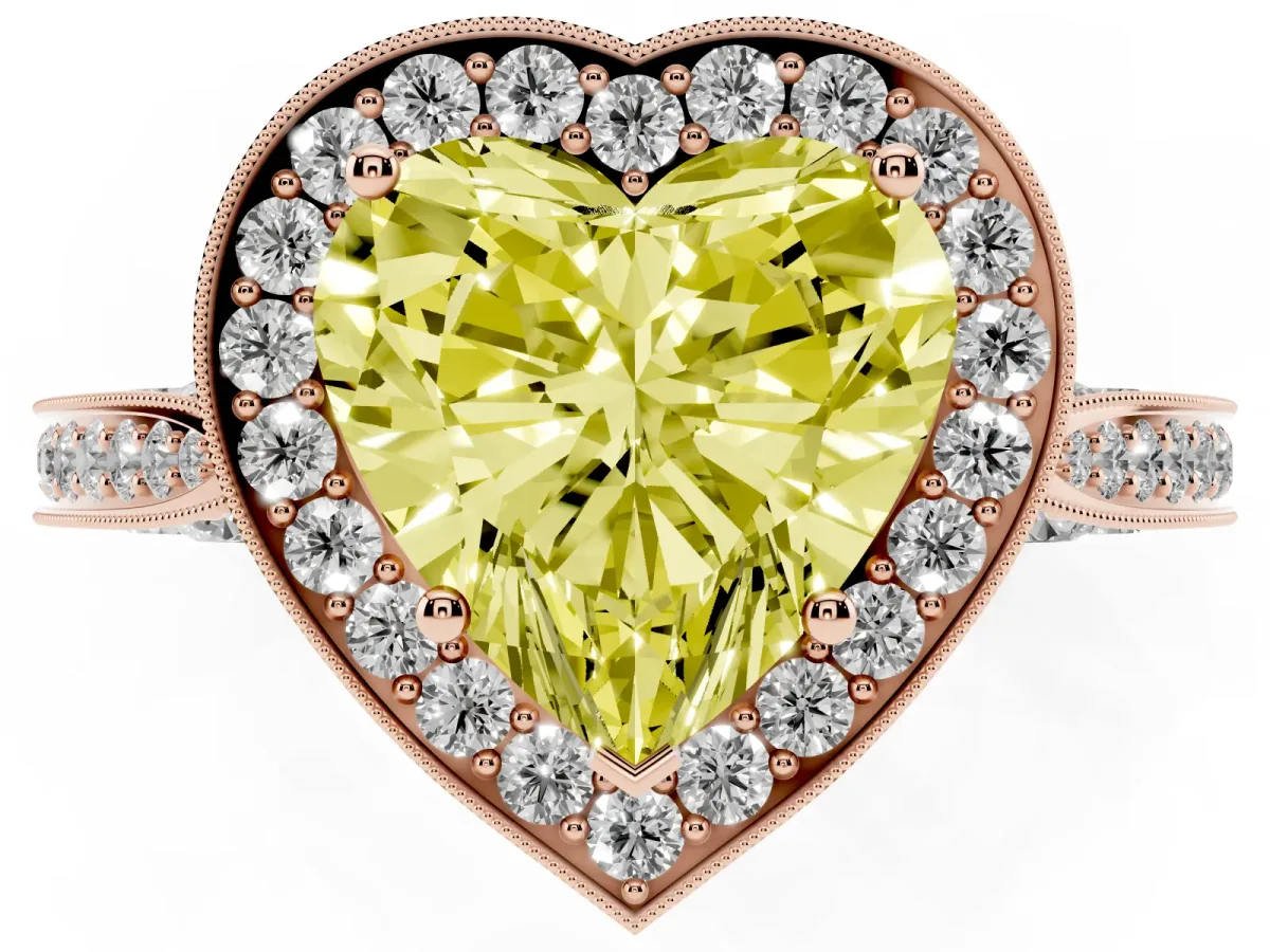 Fancy Yellow Heart Cut Halo Diamond Engagement Ring with Split Shank Band and Four-Prong Setting Rose gold