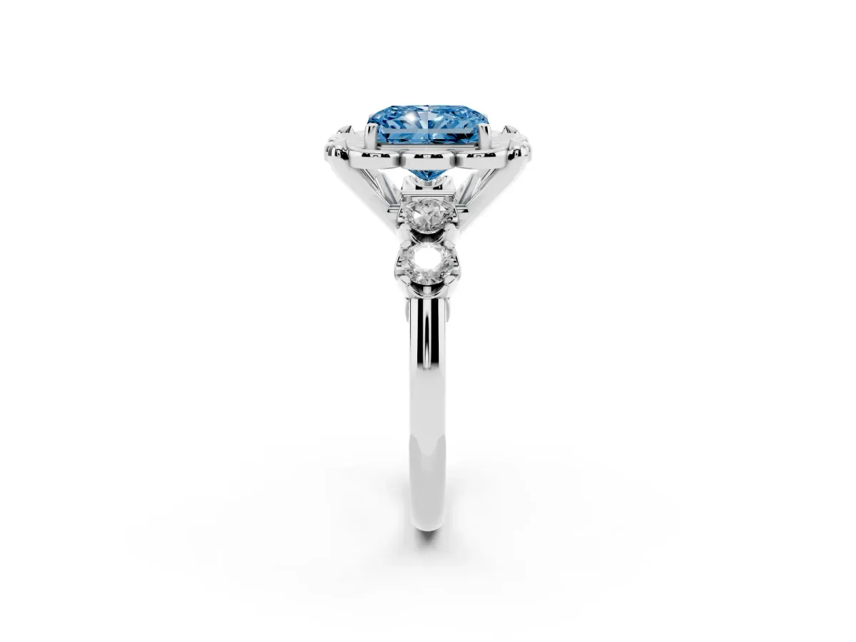 Fancy Blue Radiant Cut Cut Diamond Floral Halo Engagement Ring with Shared Prong Setting Silver