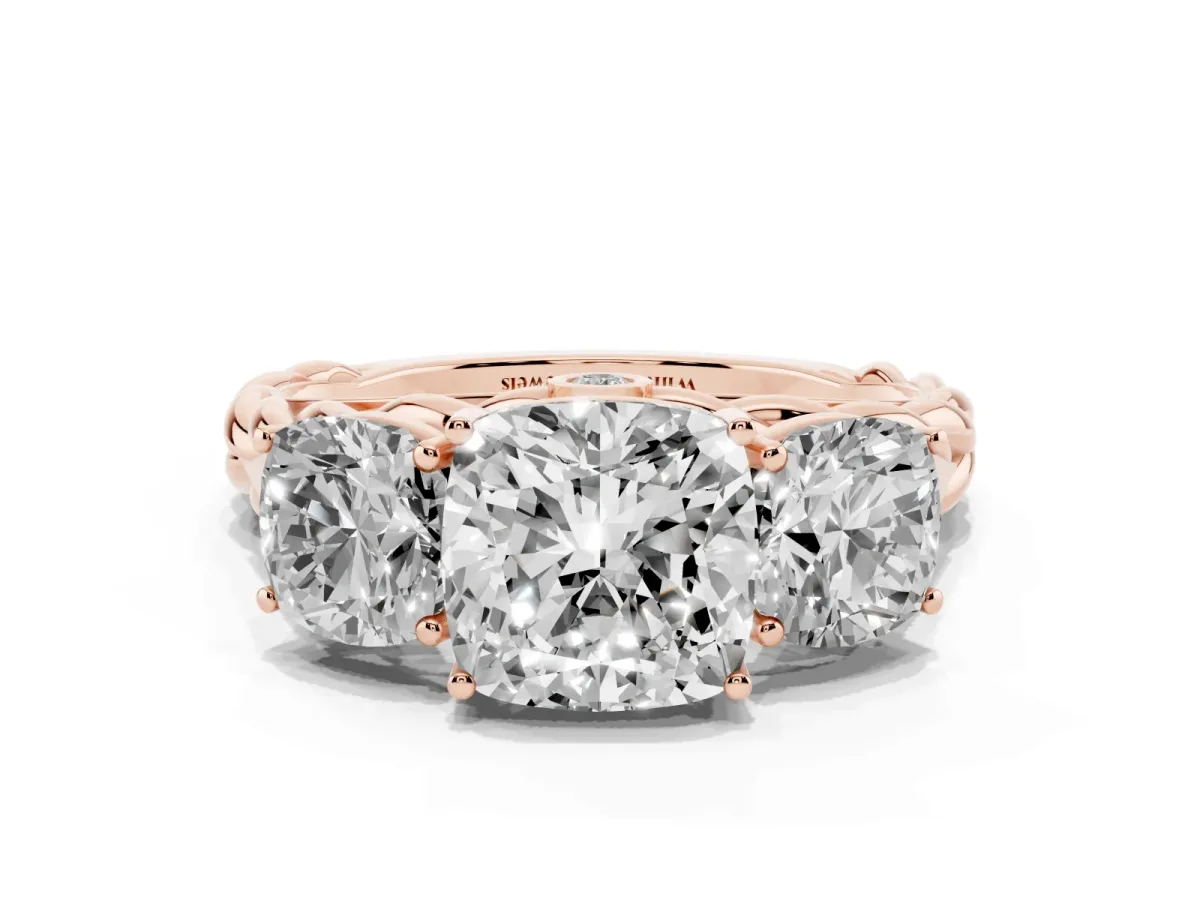 Three-Stone Cushion Cut Diamond Braided Band Ring with Four-Prong Setting Rose gold