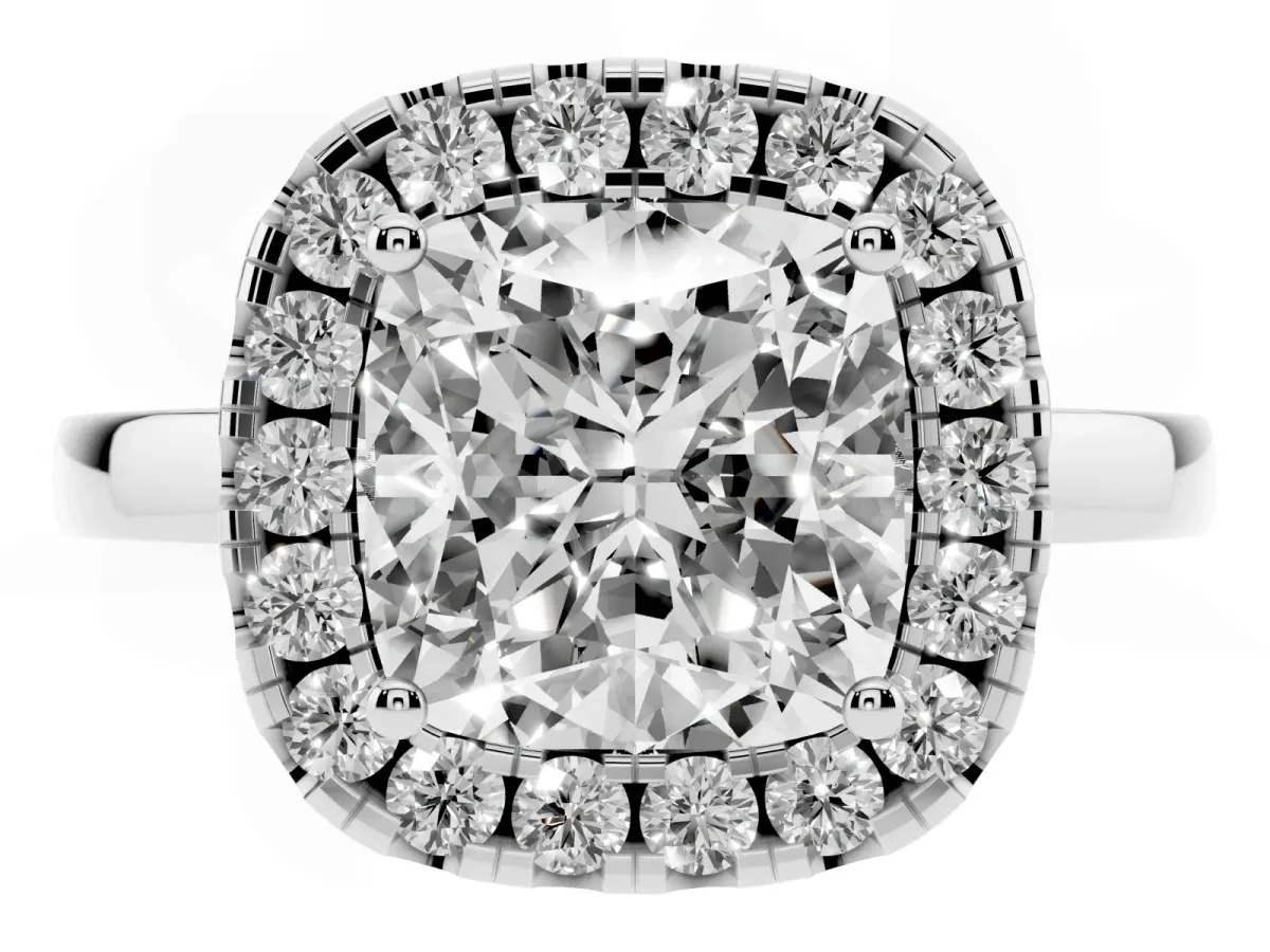 Cushion Cut Halo Diamond Solitaire with Pavé Band and Four-Prong Setting White gold