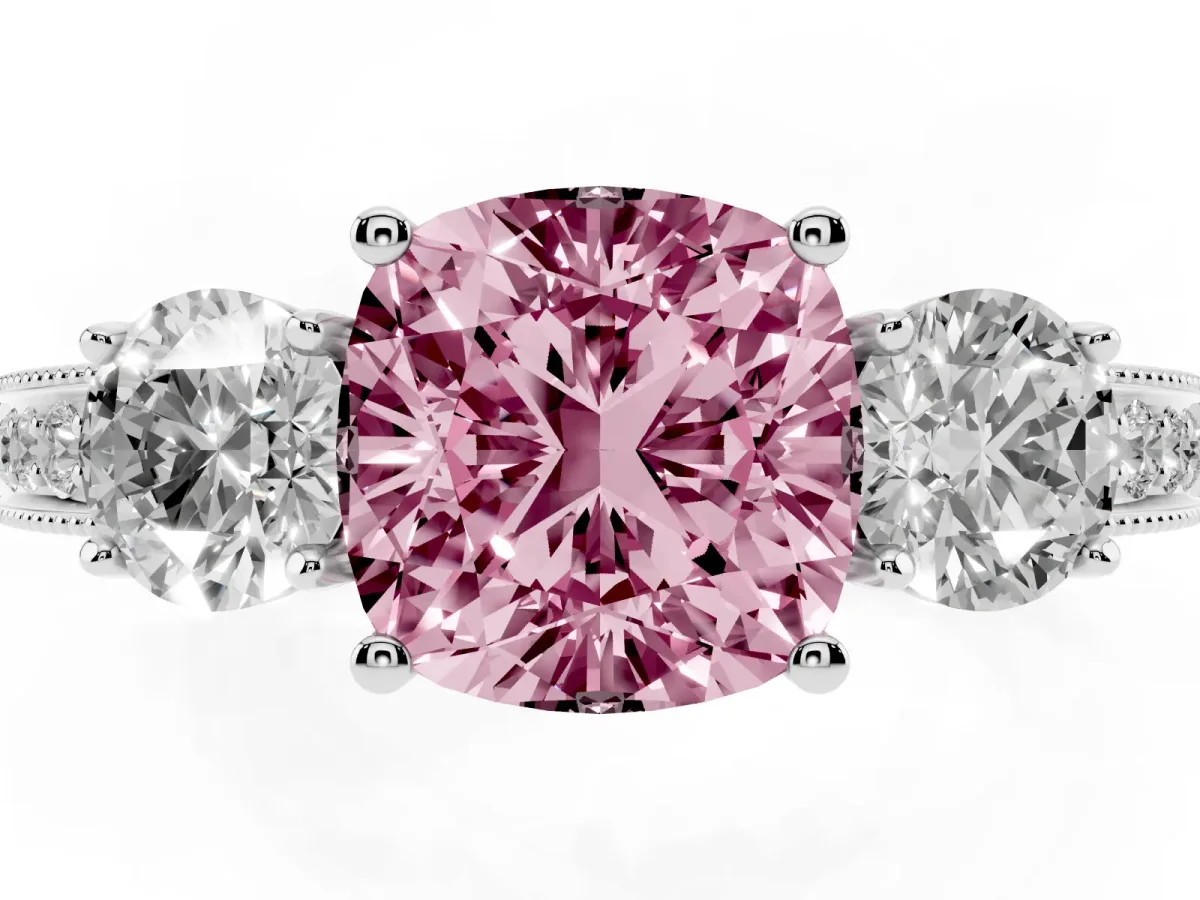 Fancy Pink Cushion Cut Three-Stone Diamond Ring with Pavé Band and Four-Prong Setting Silver