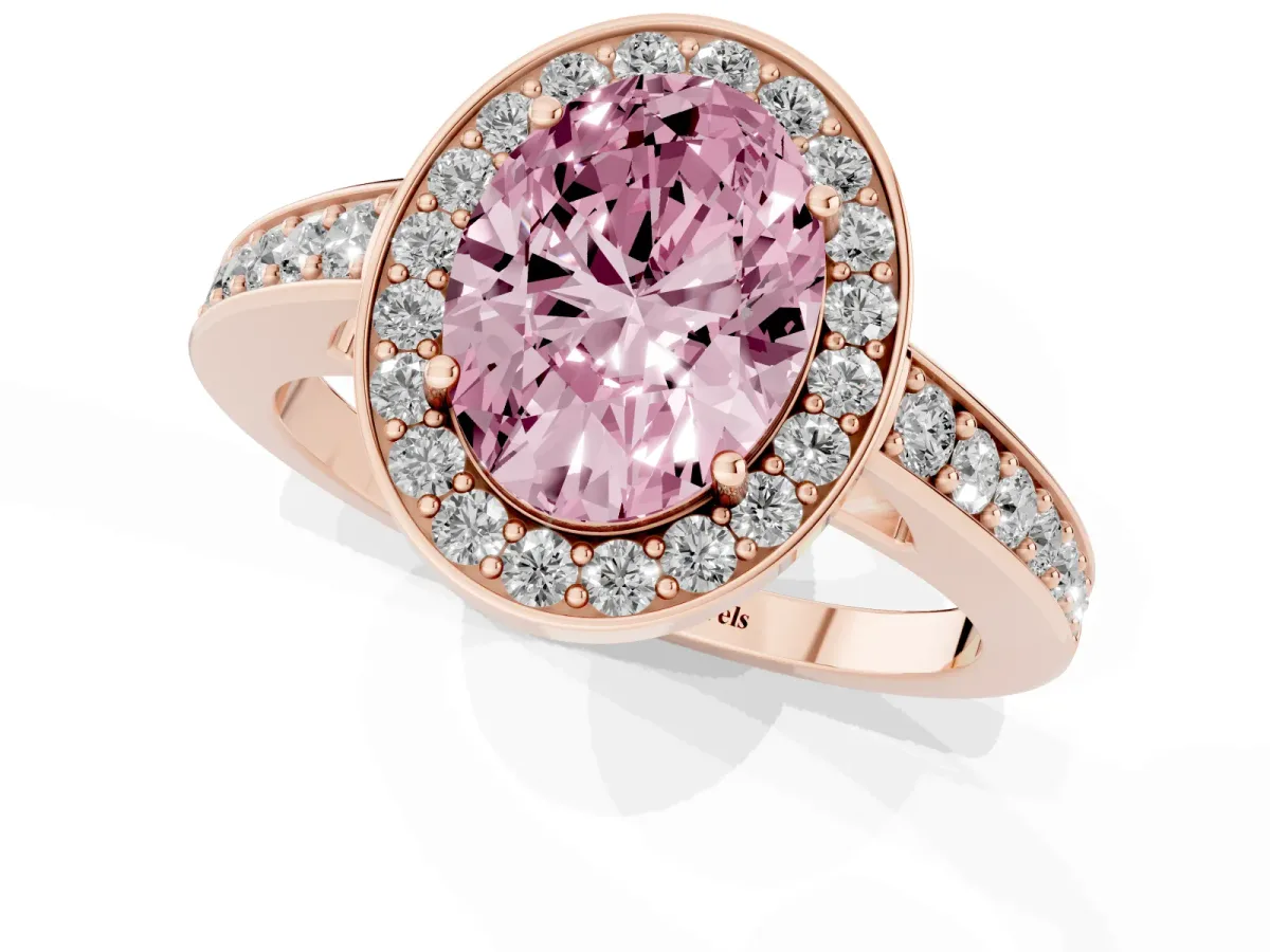 Fancy Pink Oval Cut Halo Pavé Diamond Engagement Ring with Bezel Setting Rose gold