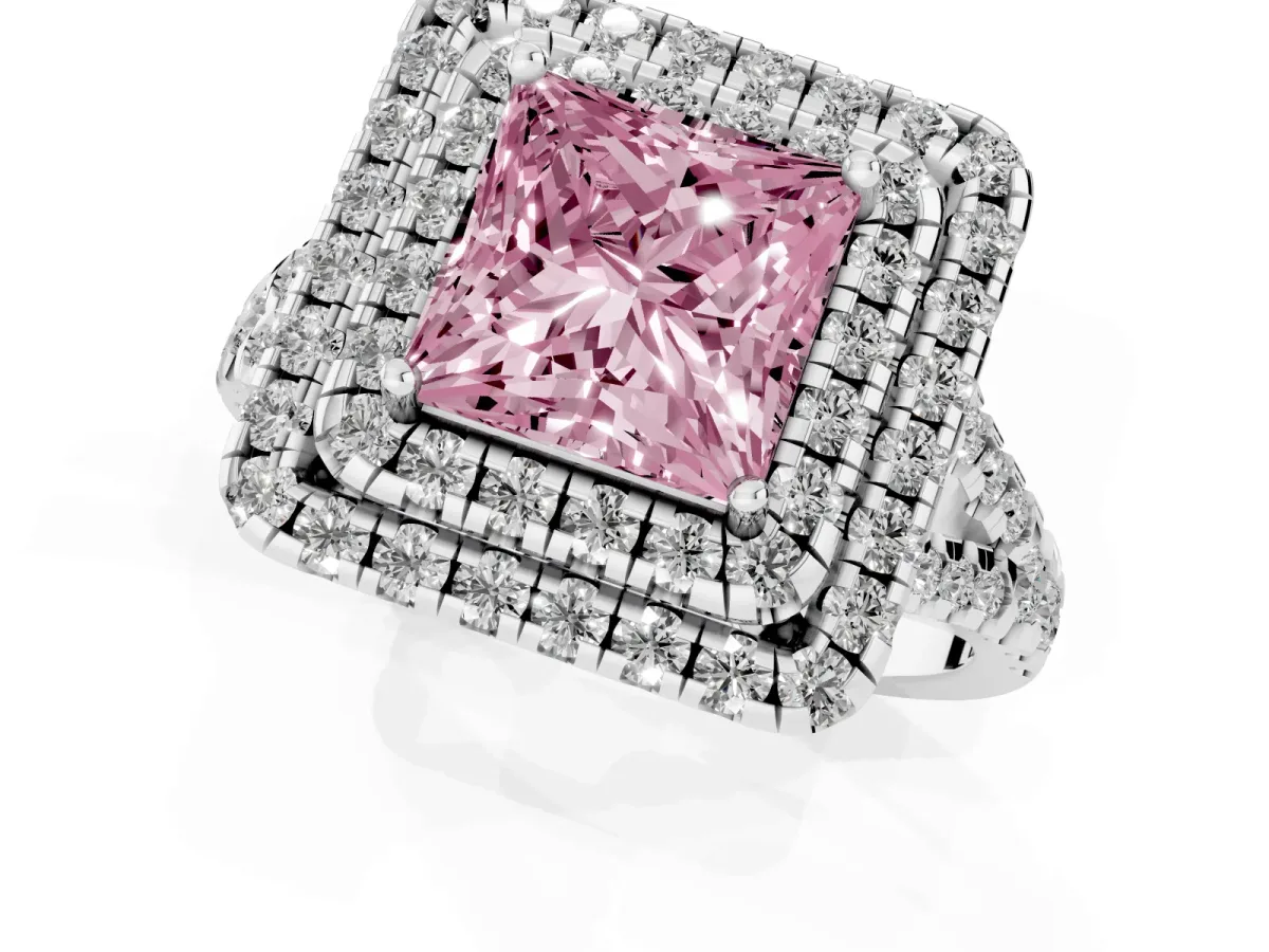 Fancy Pink Double Halo Princess Cut Diamond Pavé Split Shank Ring with Prong Setting Platinum