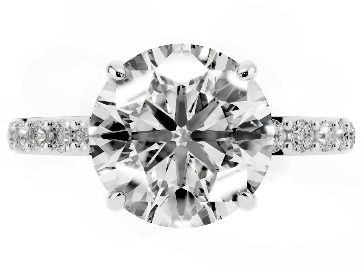 Round Cut Diamond Pavé Engagement Ring with Round Accents and Prong Setting Platinum