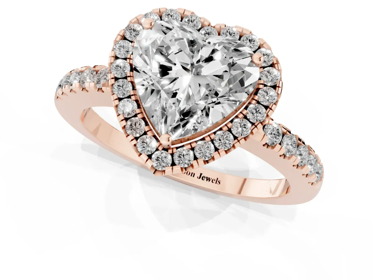 Heart Cut Halo Diamond Engagement Ring with Pavé Band and Four-Prong Setting Rose gold