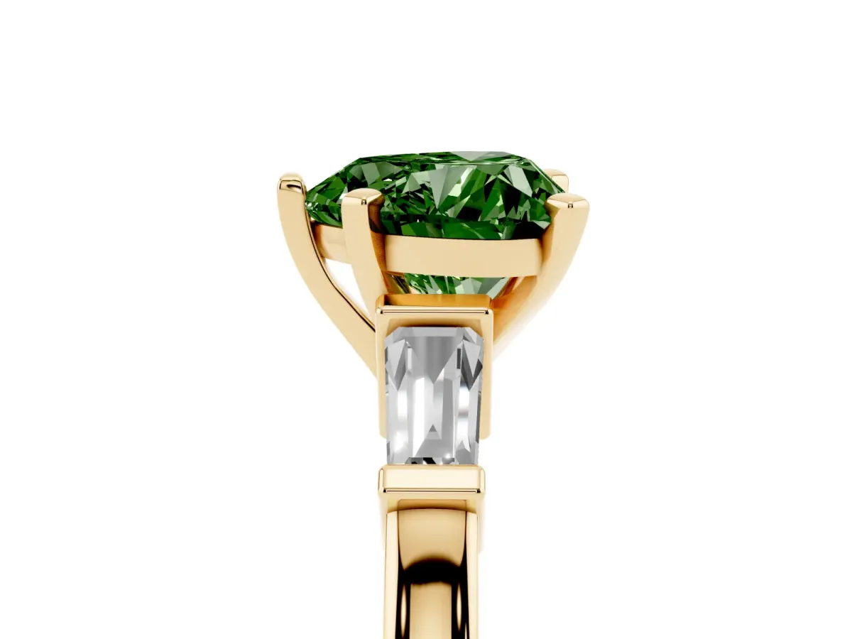 Fancy Green Heart Cut Cut Diamond Solitaire Ring with Tapered Baguette Accents and Four-Prong Setting Yellow gold