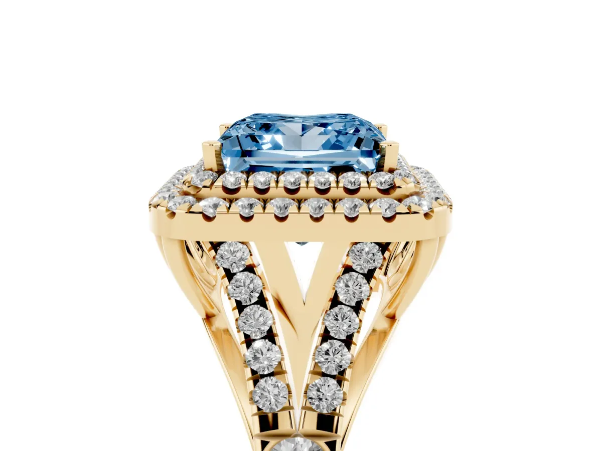 Fancy Blue Princess Cut Diamond Double Halo Ring with Split Shank and Prong Setting Yellow gold