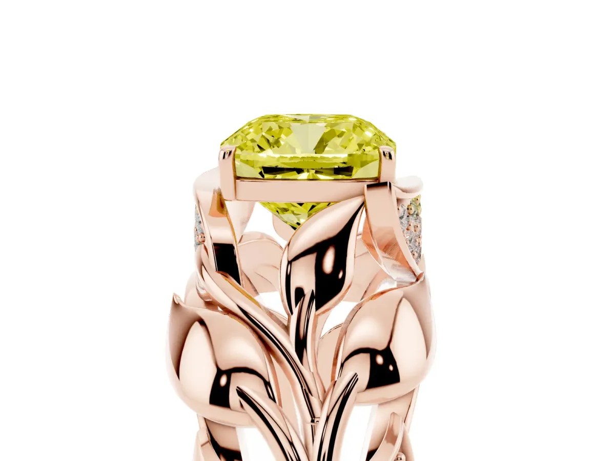 Fancy Yellow Cushion Cut Diamond Leaf-Inspired Engagement Ring with Round Accents and Prong Setting Rose gold