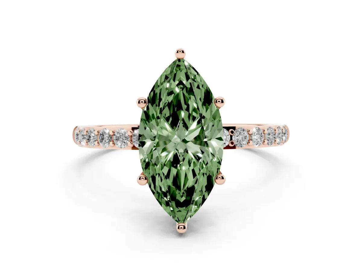 Fancy Green Marquise Cut Diamond Solitaire Ring with Round Pavé Shoulders and Prong Setting Rose gold