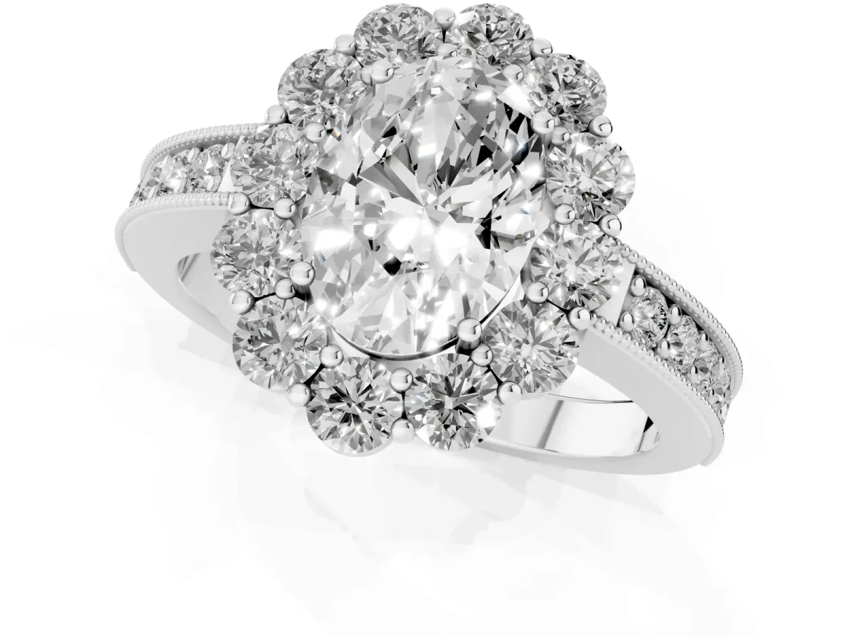 Oval Cut Cut Halo Diamond Pavé Engagement Ring with Milgrain Detailing Silver