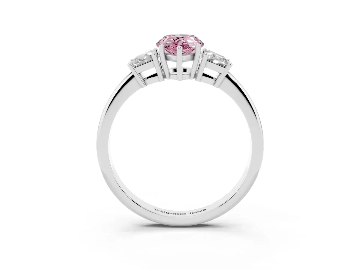 Fancy Pink Pear Cut Diamond Three-Stone Ring with Trapezoid Side Stones and Prong Setting Platinum