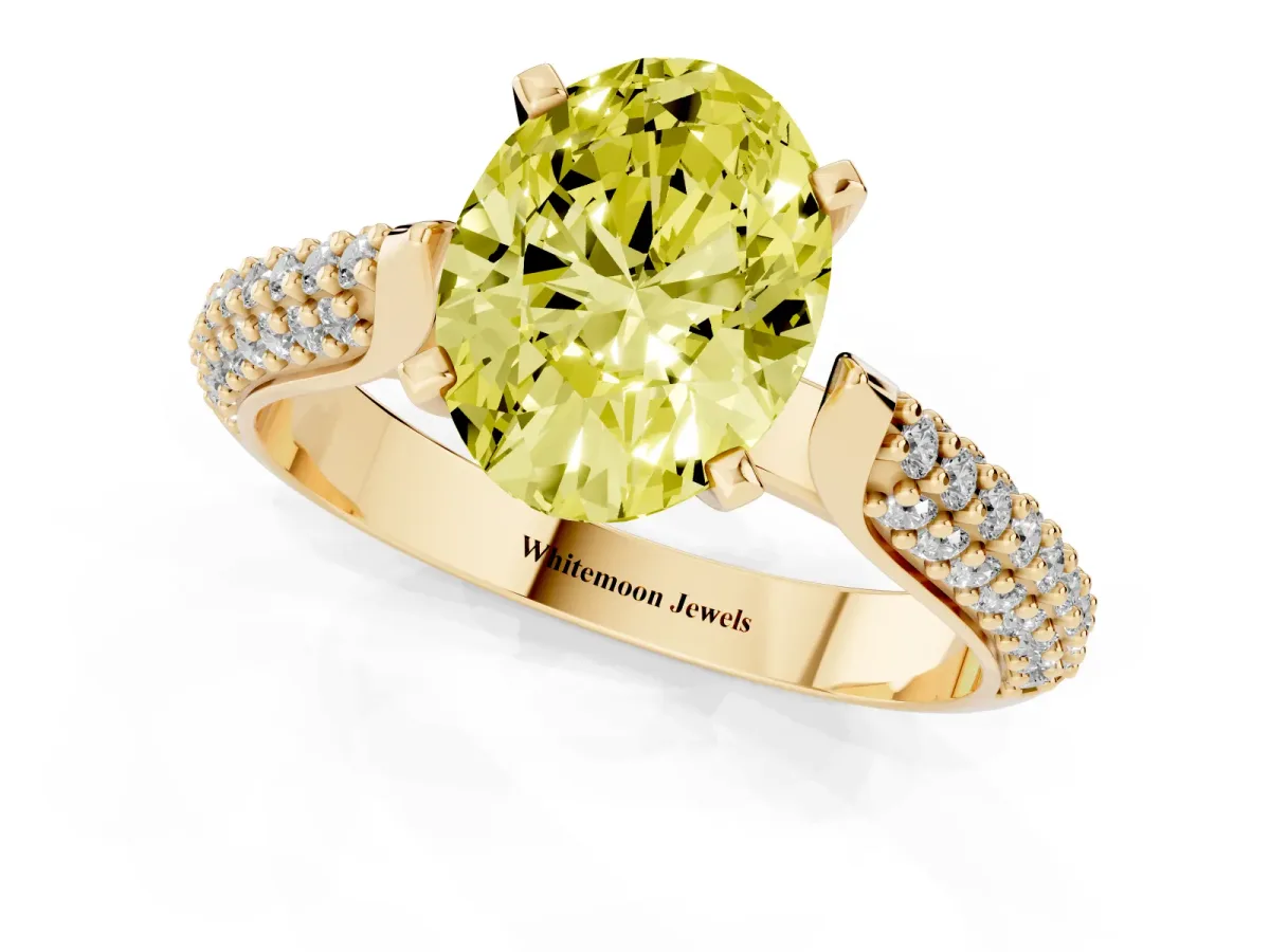 Fancy Yellow Oval Cut Diamond Solitaire Engagement Ring with Multi-Row Round Pavé Band and Prong Setting Yellow gold