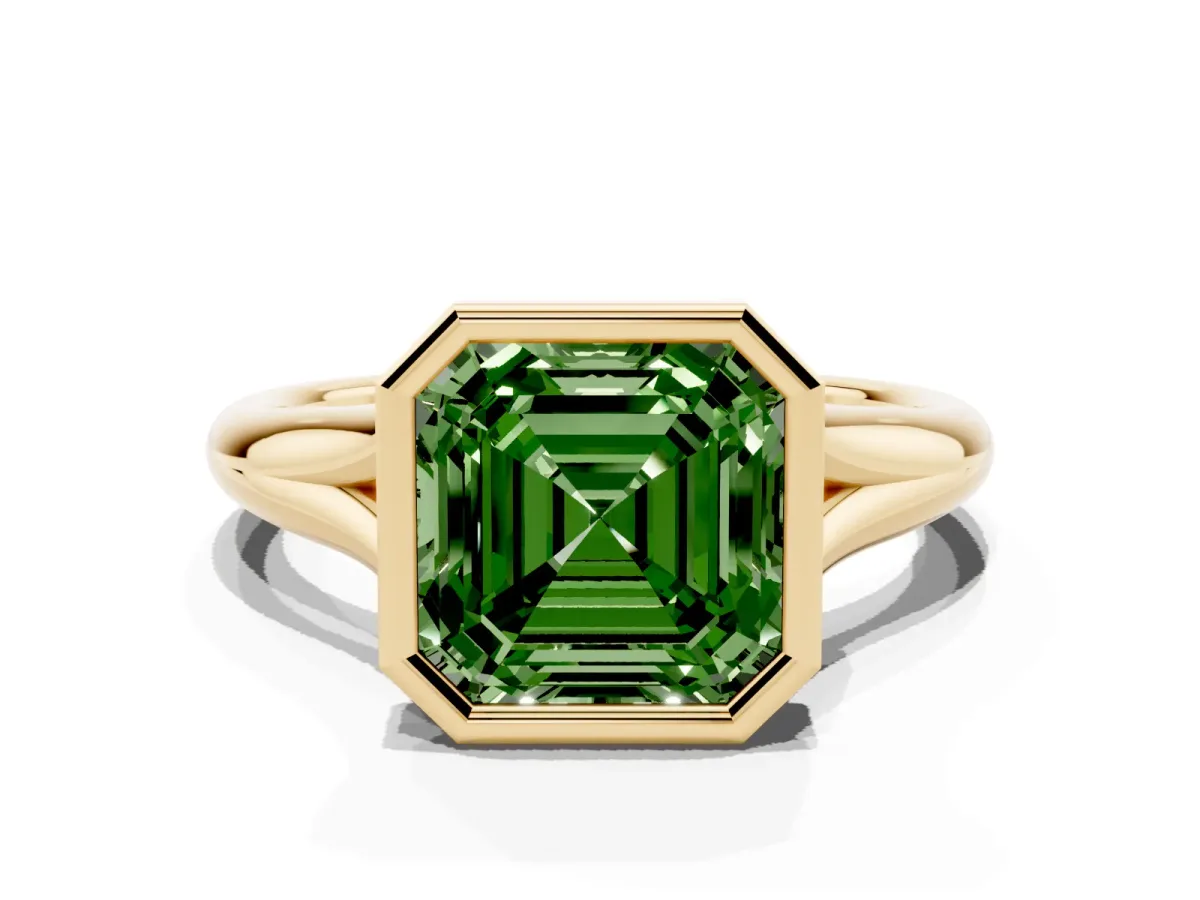 Fancy Green Bezel Set Asscher Cut Solitaire Diamond Ring with Smooth Band Yellow gold