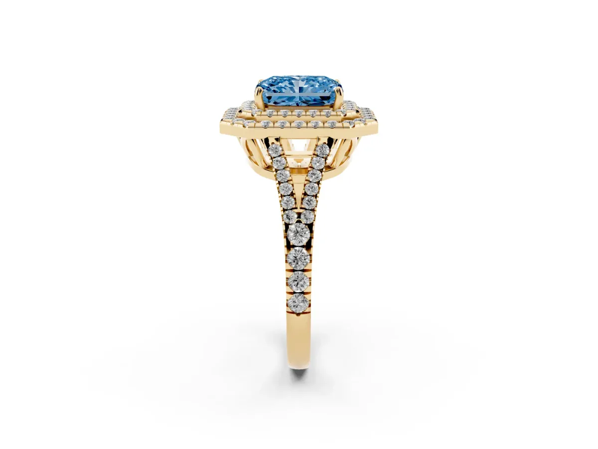 Fancy Blue Radiant Cut Diamond Double Halo Ring with Pavé Band and Prong Setting Yellow gold