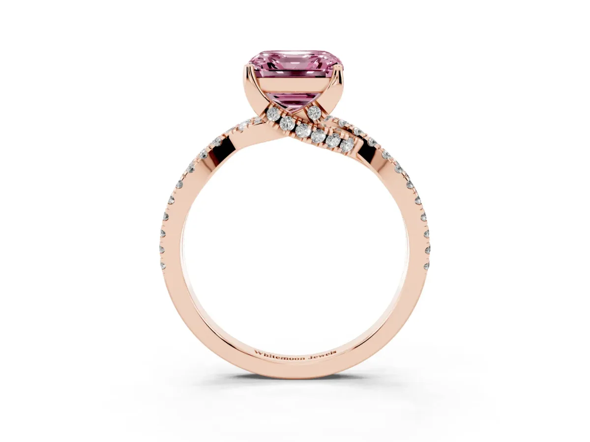Fancy Pink Asscher Cut Solitaire Twist Pave Diamond Engagement Ring with Prong Setting Rose gold