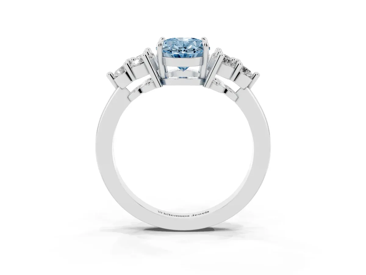 Fancy Blue Oval Cut Brilliant Diamond Cluster Accent Solitaire Ring with Prong Setting White gold