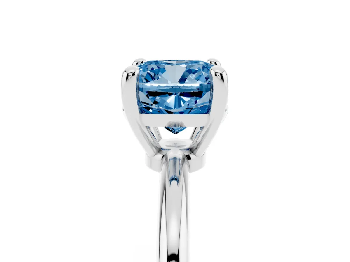 Fancy Blue Cushion Cut Solitaire Diamond Ring with 4-Prong Setting on a Classic Band Silver