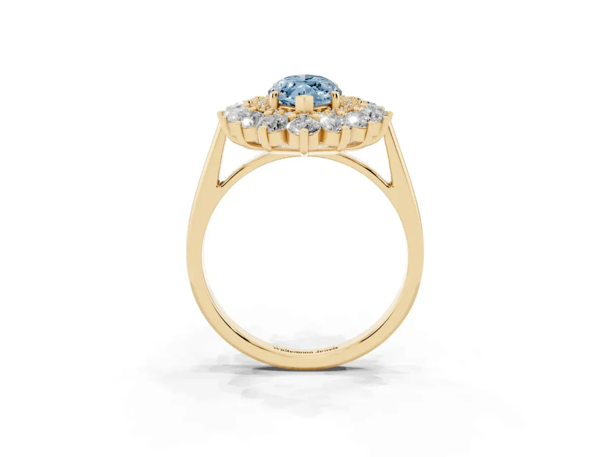 Fancy Blue Marquise Cut Diamond Floral Double Halo Engagement Ring with Prong Setting Yellow gold