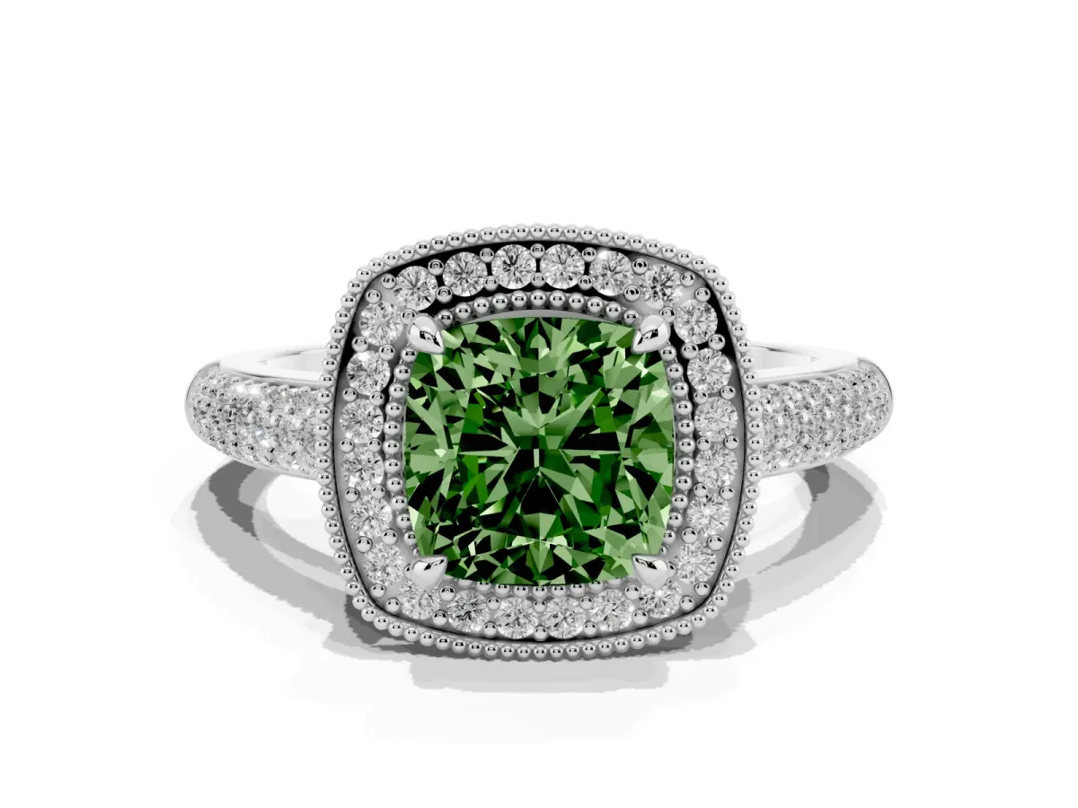 Fancy Green Cushion Cut Cut Halo Diamond Pave Band with Four-Prong Setting Silver