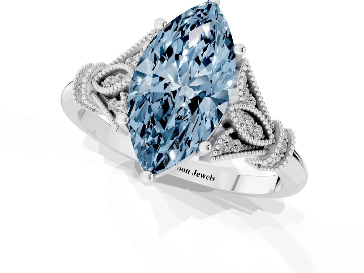 Fancy Blue Marquise Cut Diamond Solitaire Ring with Floral Filigree and Pave Accents Silver