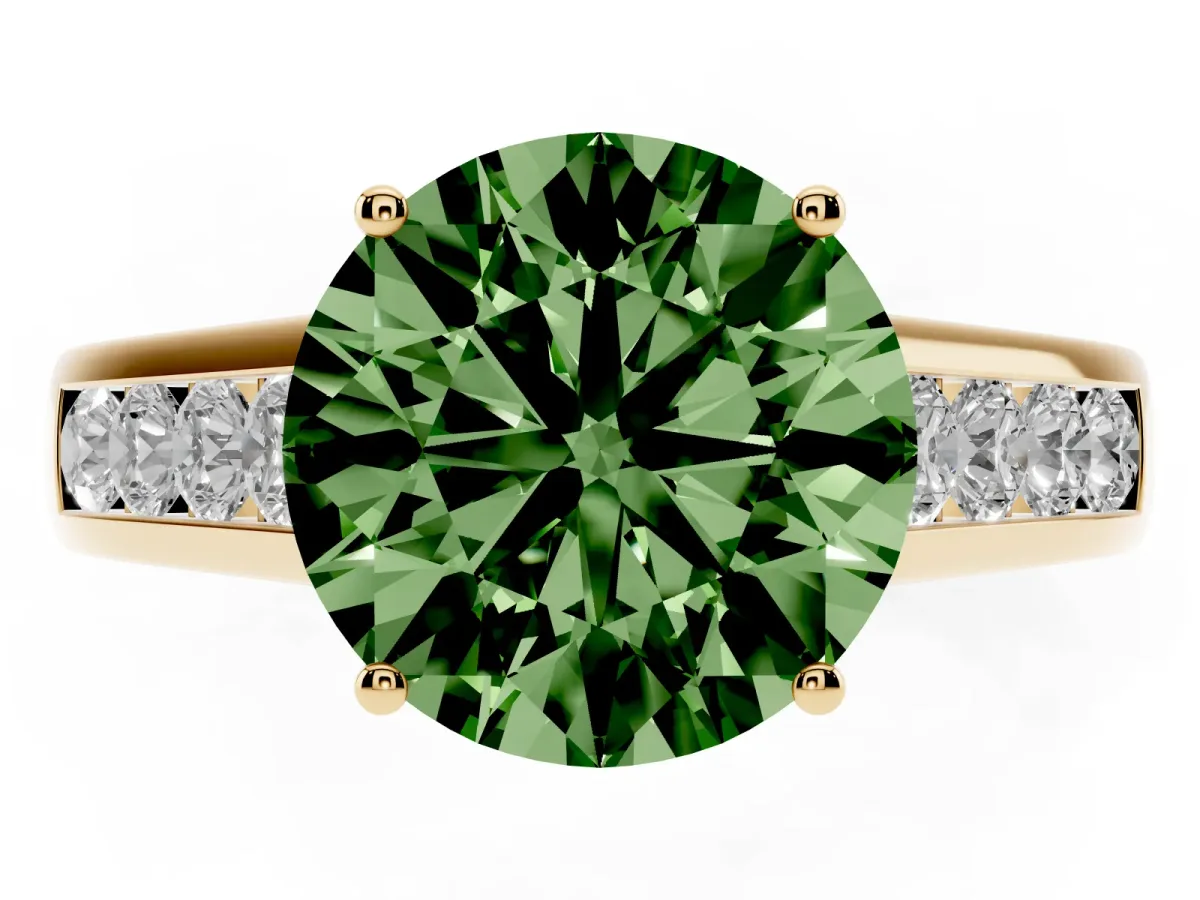 Fancy Green Round Cut Solitaire Channel-Set Diamond Engagement Ring with Four-Prong Setting Yellow gold