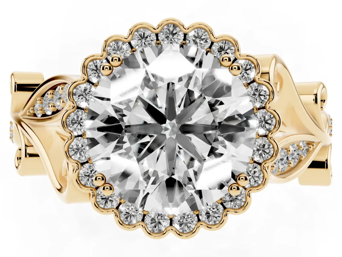 Round Cut Diamond Halo Ring with Vintage Split Shank and Four-Prong Setting Yellow gold
