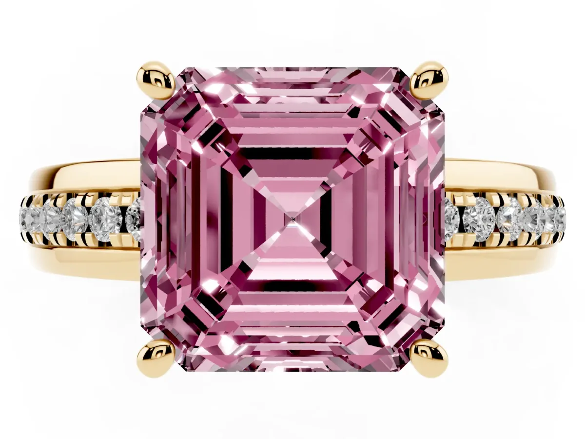 Fancy Pink Asscher Cut Solitaire Diamond Ring with Channel Set Band and Six-Prong Setting Yellow gold