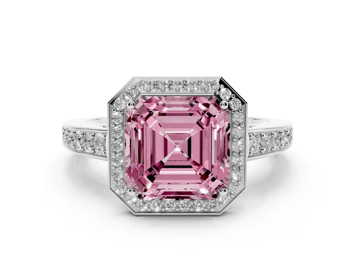 Fancy Pink Asscher Cut Halo Pavé Diamond Engagement Ring with Bezel Setting Platinum