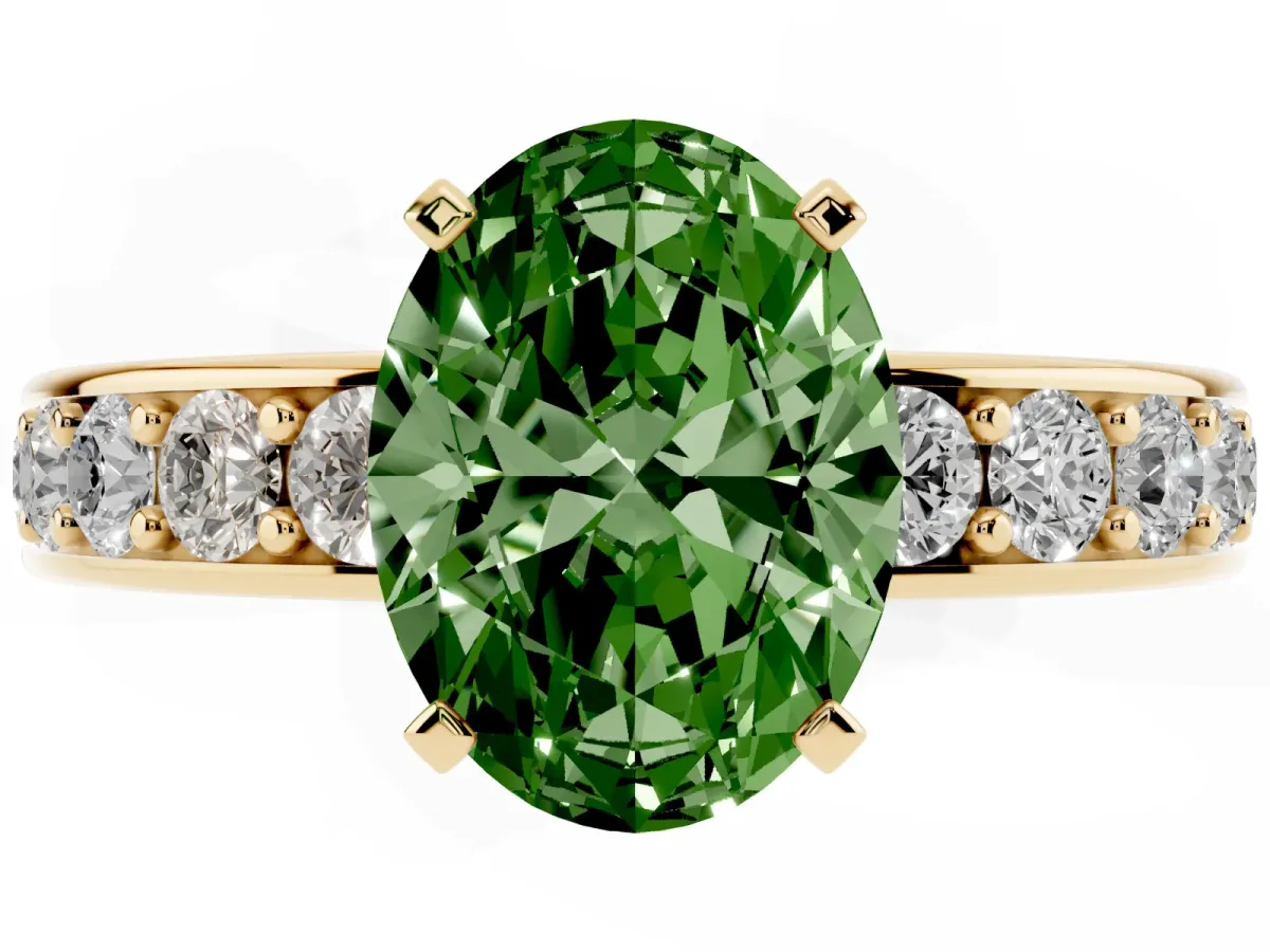 Fancy Green Oval Cut Diamond Engagement Ring with Channel Set Round Band and Prong Setting Yellow gold