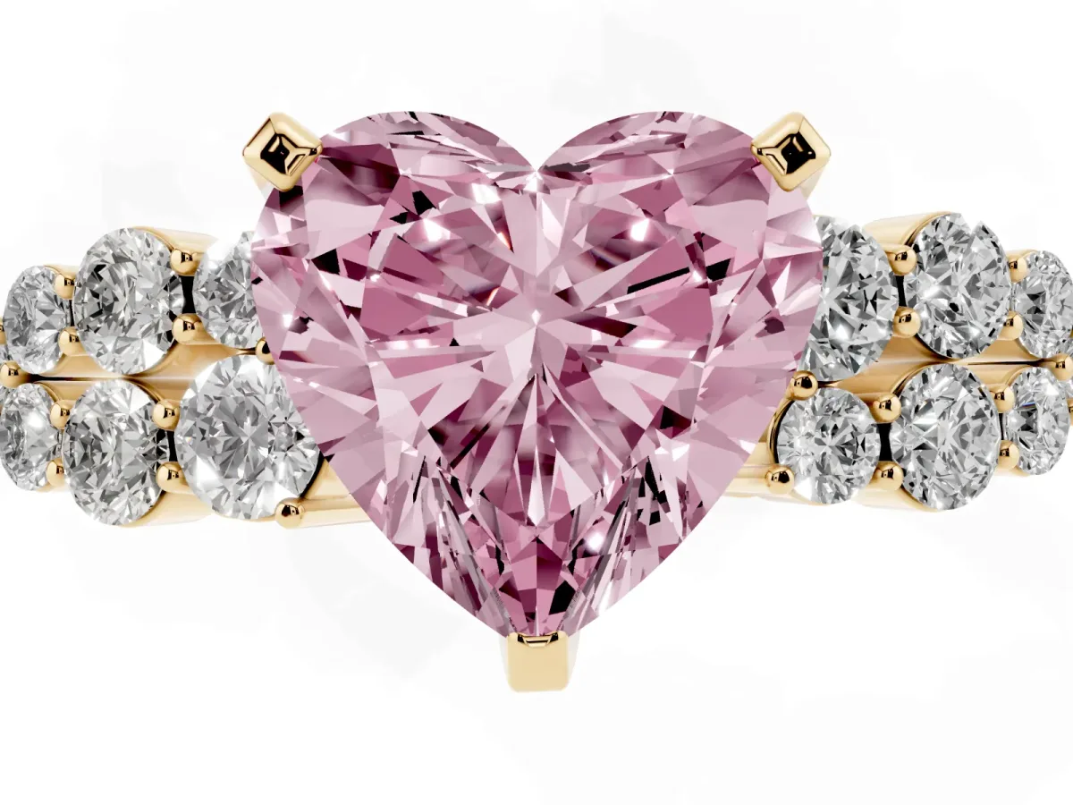 Fancy Pink Heart Cut Cluster Diamond Engagement Ring with Pavé Band and Four-Prong Setting Yellow gold