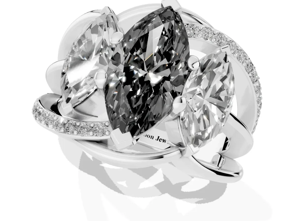 Fancy Black Three-Stone Marquise Cut Cut Diamond Split Shank Prong Set Ring Platinum