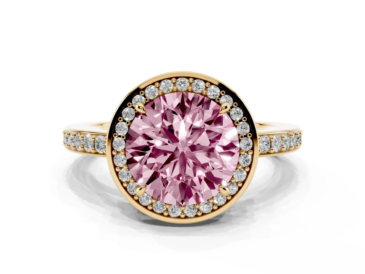 Fancy Pink Round Cut Halo Pave Band Solitaire Ring with Prong Setting Yellow gold