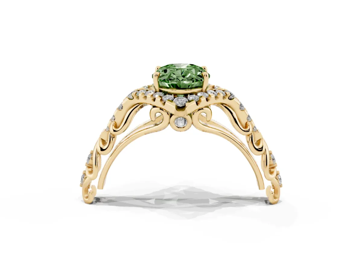 Fancy Green Oval Cut Diamond Solitaire Ring with Hidden Halo and Pavé Band Yellow gold